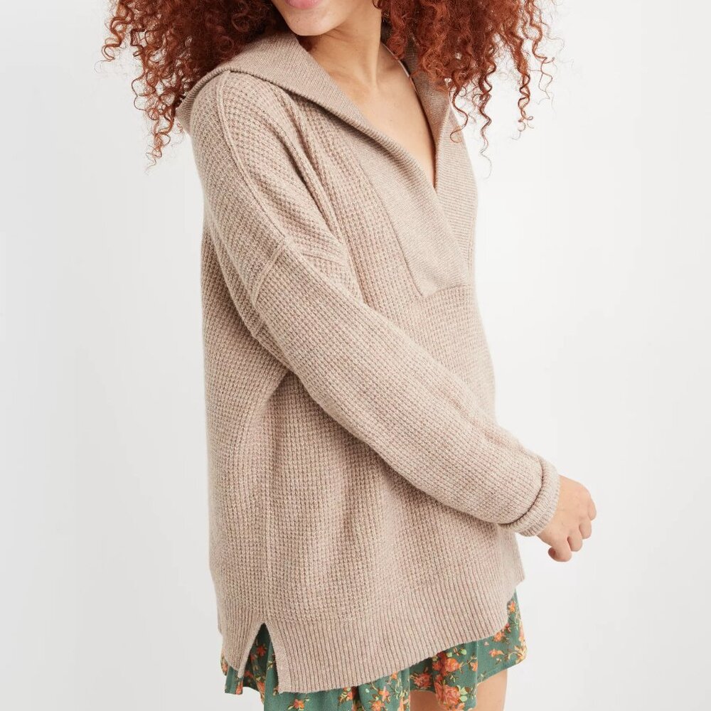 Aerie CozyUp Waffle Sweater Hoodie, Oatmeal | Size Small